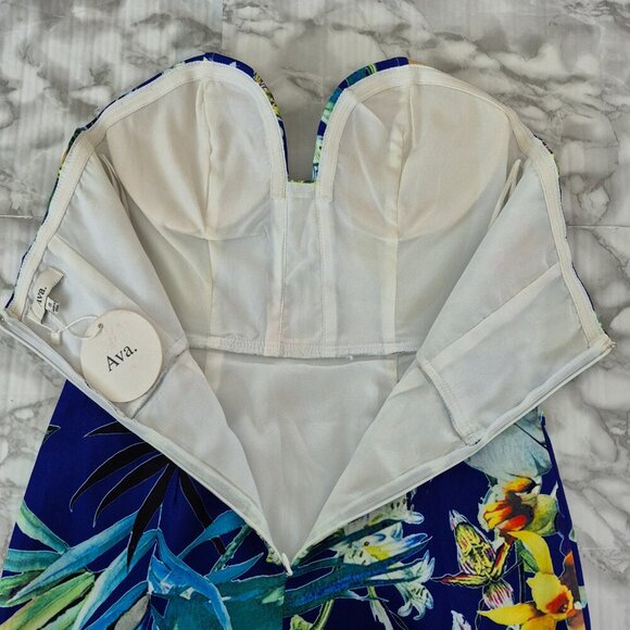 NWT Ava Tropical Floral Print Strapless Cocktail Mini Dress Front Slit - Picture 5 of 11